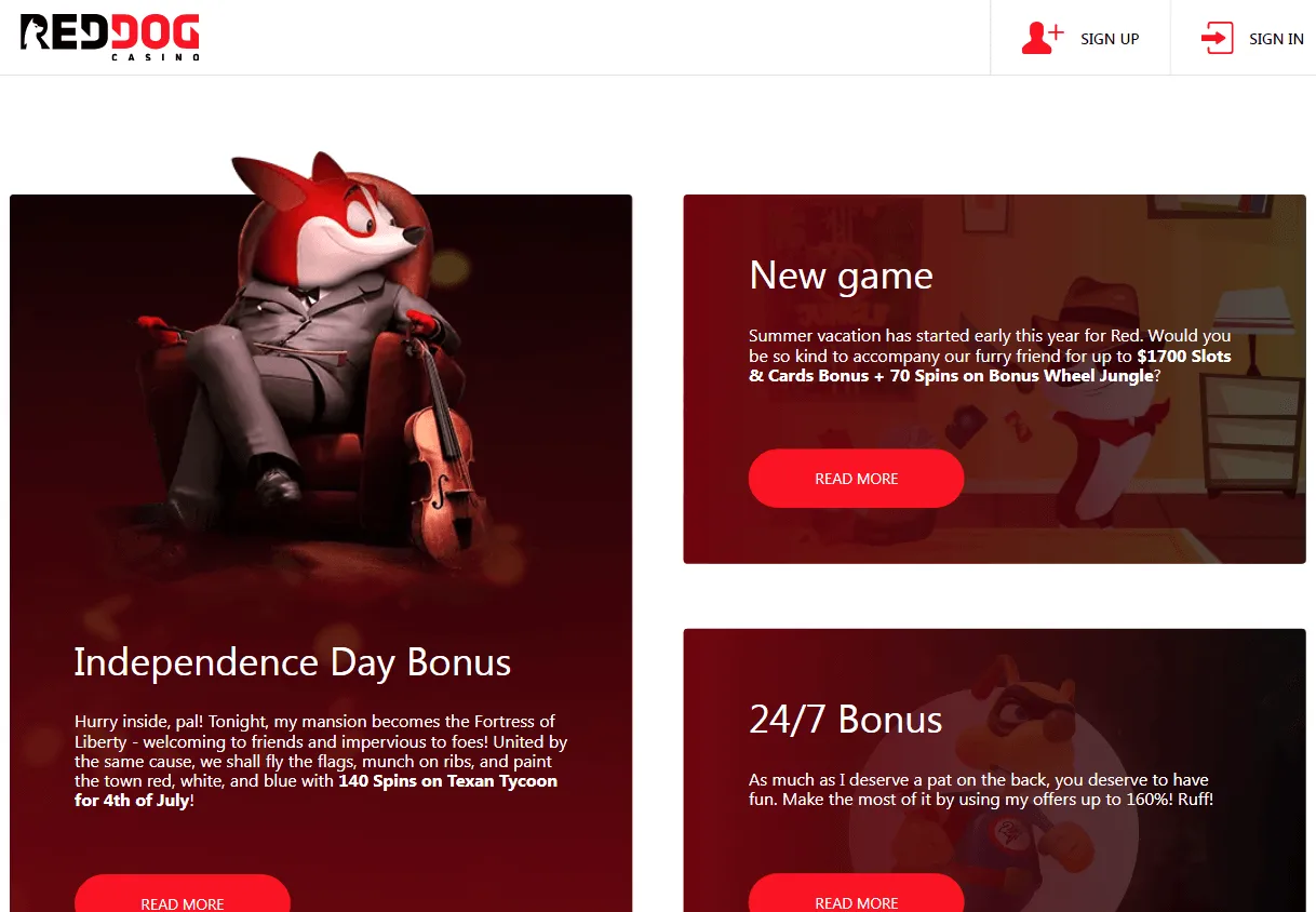 Red Dog Casino desktop promotions area with bonus offers
