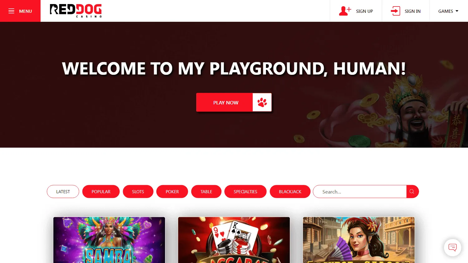 Red Dog Casino desktop games area with casino game choices
