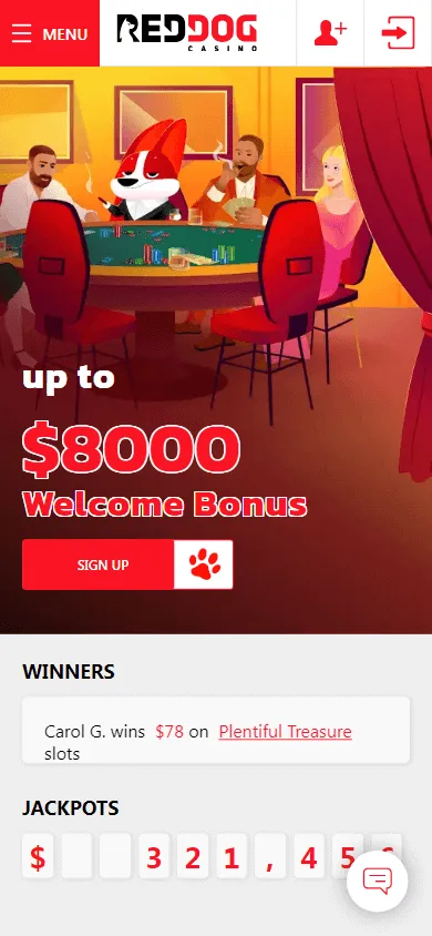 Red Dog Casino mobile home screen in a browser