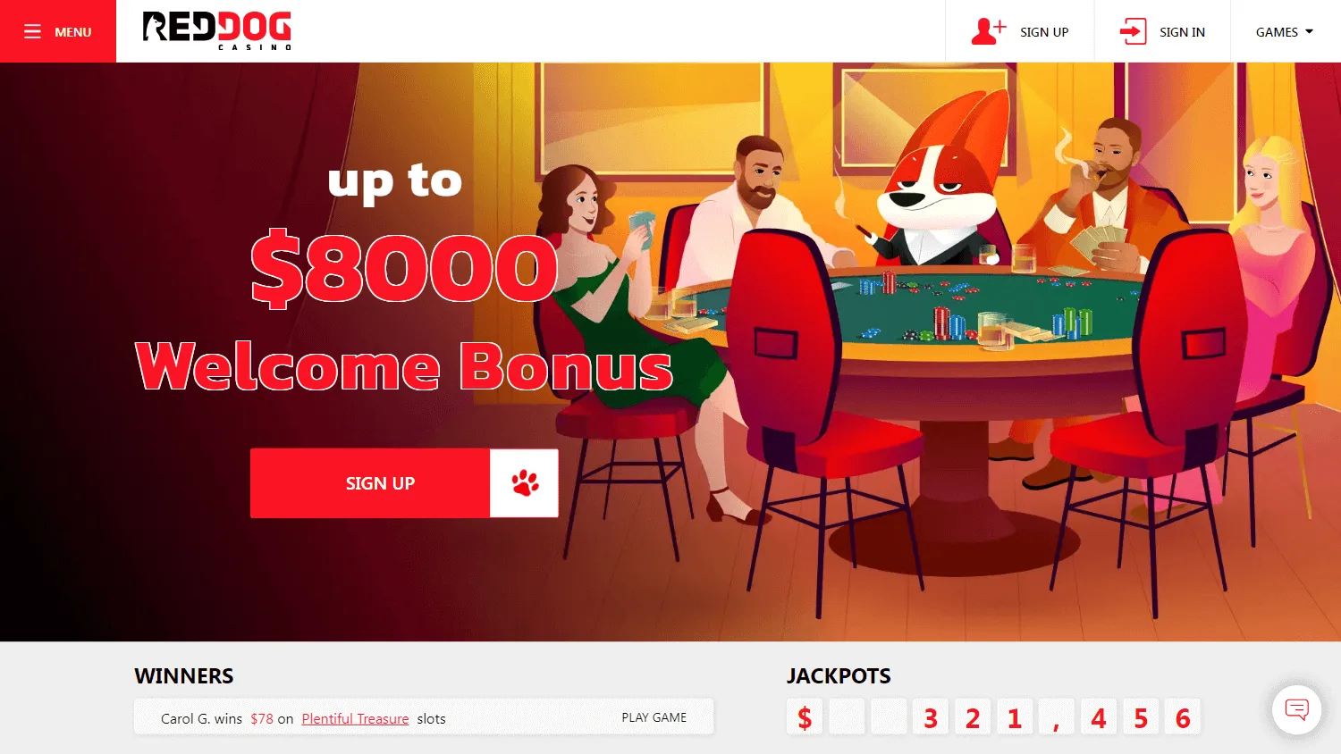 Red Dog Casino desktop home screen with welcome package information